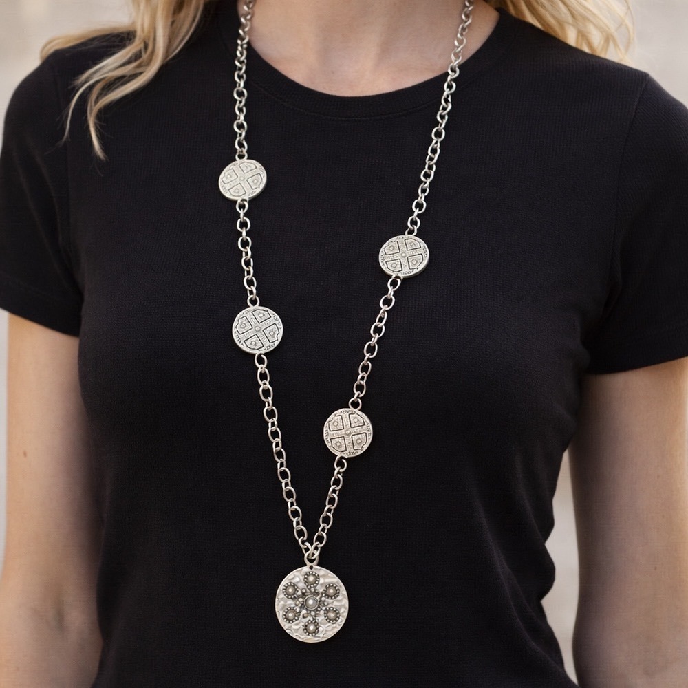 Necklace Silver Tone Medallion Station Rhinestone Boho Double Wrap Layered 40in